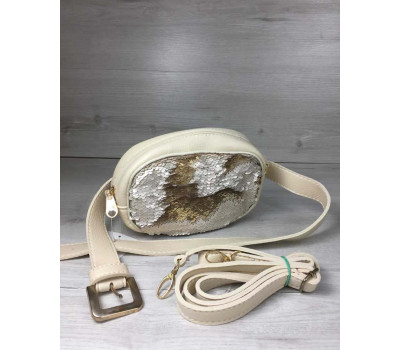 Жіноча сумка на пояс - клатч WeLassie бежевого кольору Паєтки золото-срібло WeLassie