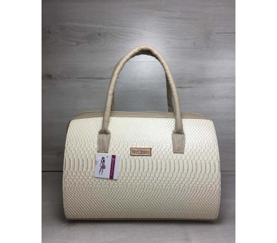 Каркасна жіноча сумка Саквояж молочна рептилія з кавовими ручками WeLassie